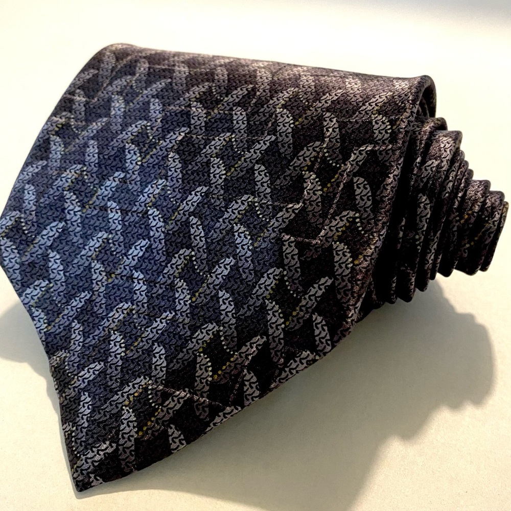 VTG Murano 100% Imported Silk Tie Black Charcoal Gray Geometric 58" Made in USA